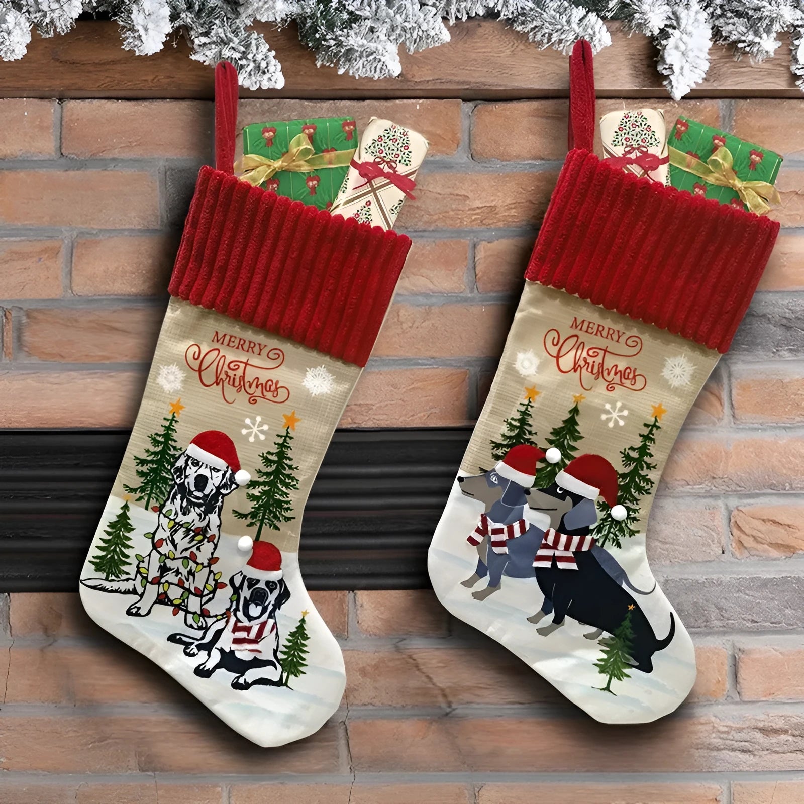 Christmas tree pendant with pet sock designs measuring 46cm by 28cm