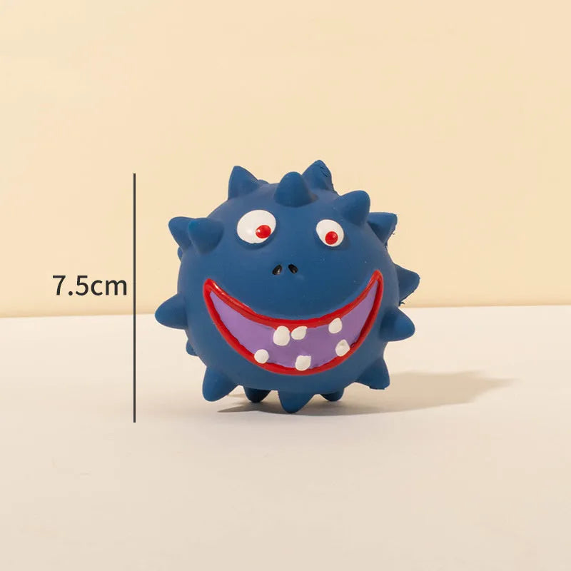 Four colourful latex squeaky dog balls with cute faces, each 7.5cm diameter