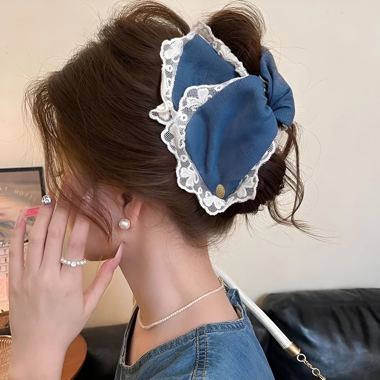 Handmade triangle grip hair clip with denim bow detailing in fabric and acrylic