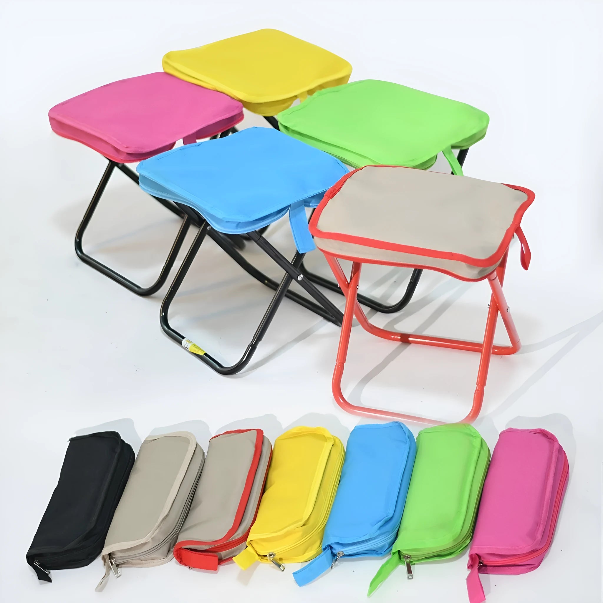 Lightweight foldable camp chair stool in Oxford cloth, shown in a khaki colour with carry handle.
