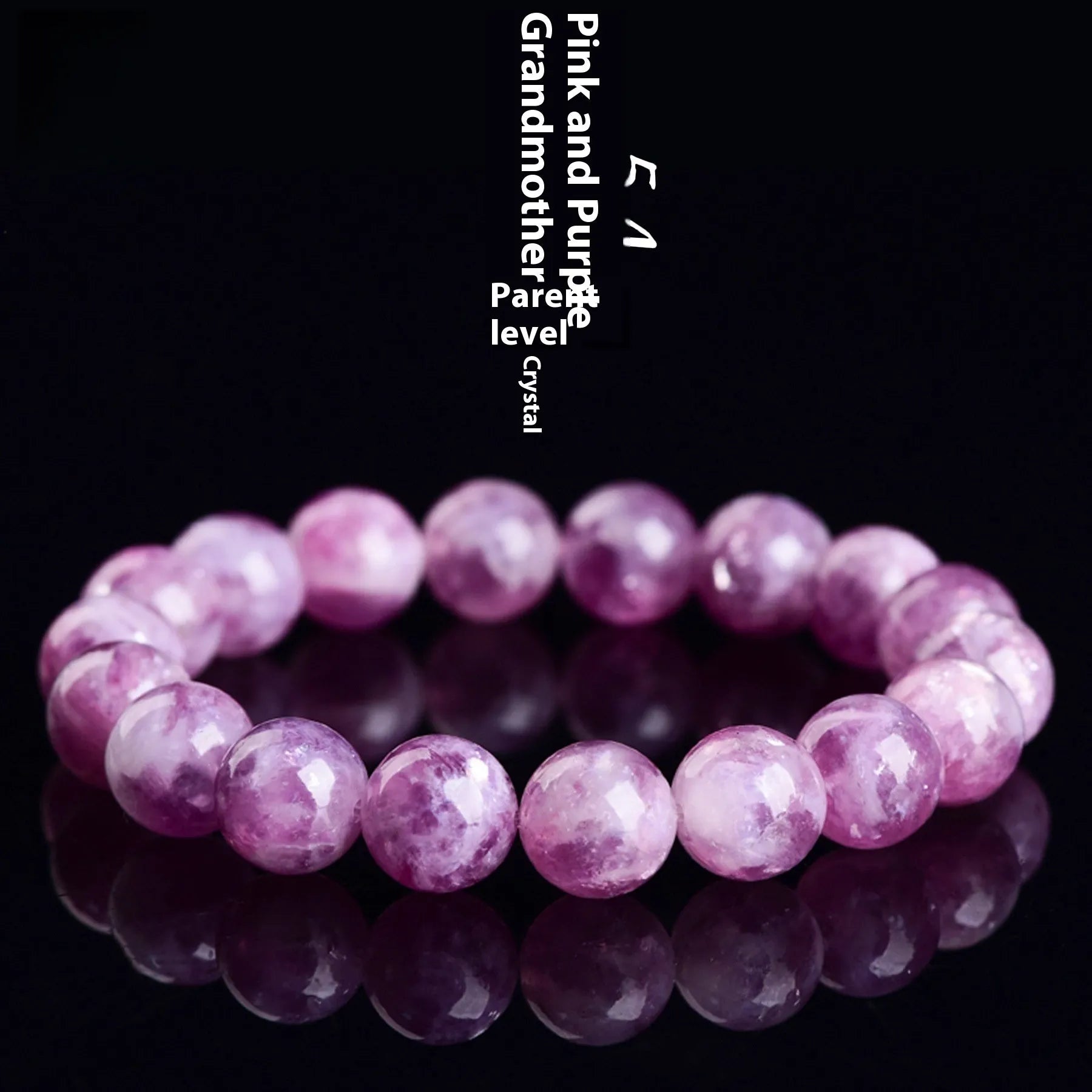 Polished purple crystal bracelet with geometric beads on a white background.