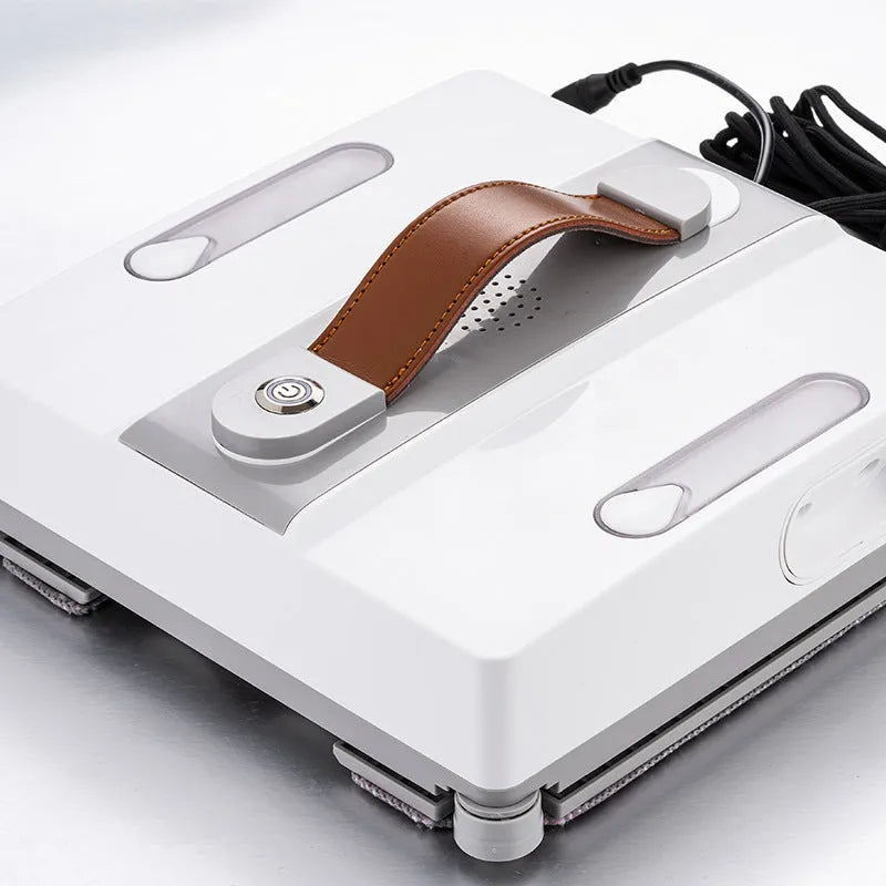 White intelligent window cleaning robot with water spray nozzles for high-rise windows