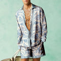 Casual slim-fit long sleeve shirt and matching shorts set for summer, available in various colours.