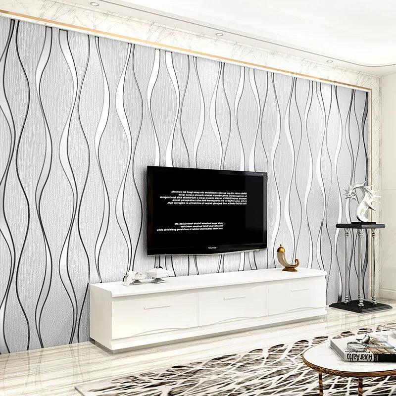 Curved stripe 3D textured wallpaper roll in deerskin velvet finish, light grey and dark brown colour options