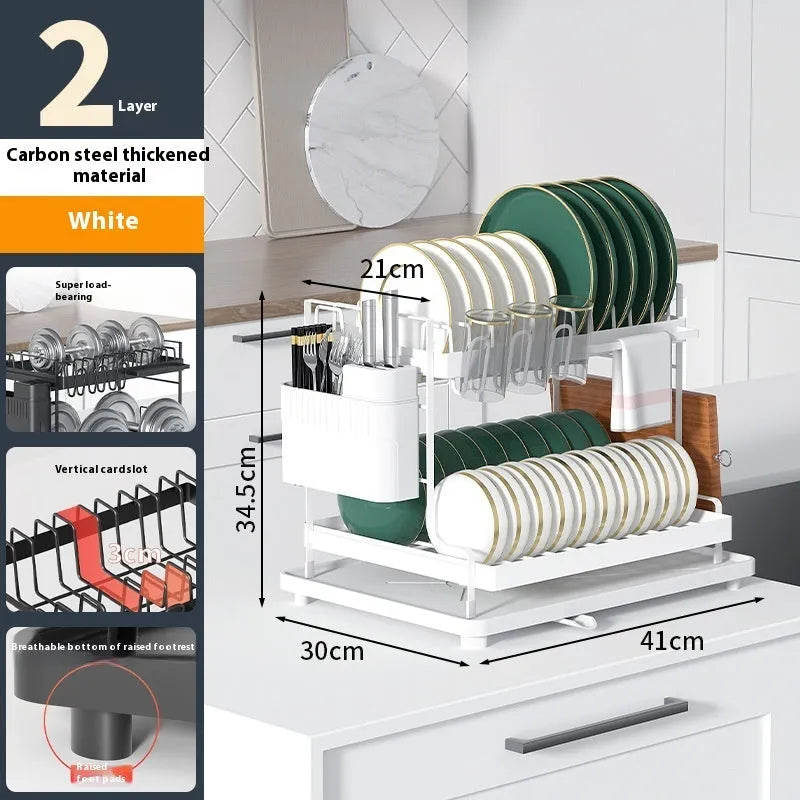 White double-layer kitchen storage rack with a removable plastic draining tray on the bottom shelf.