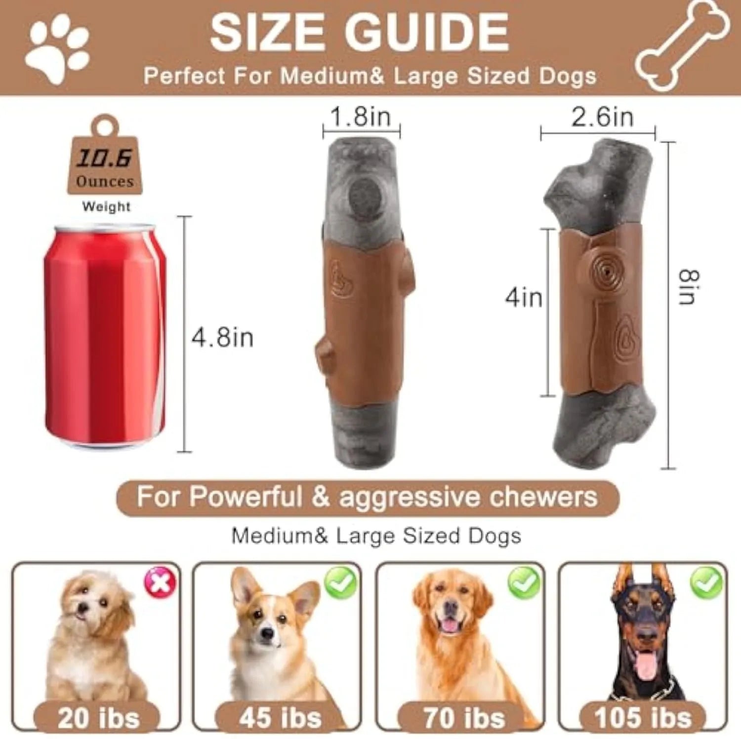 Brown branch-shaped nylon dog chew toy with bacon flavour and squeaker for large dogs
