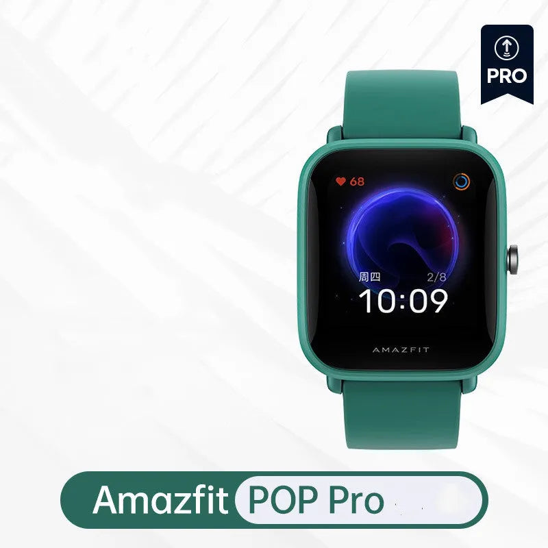 Amazfit Pop Pro smartwatch with colour screen and silicone strap, showing GPS and waterproof features