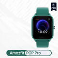 Amazfit Pop Pro smartwatch with colour screen and silicone strap, showing GPS and waterproof features