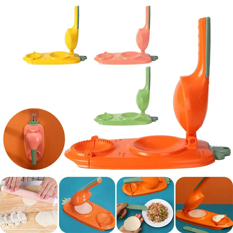 Orange and white plastic manual dumpling press tool with ergonomic handle on a kitchen worktop.