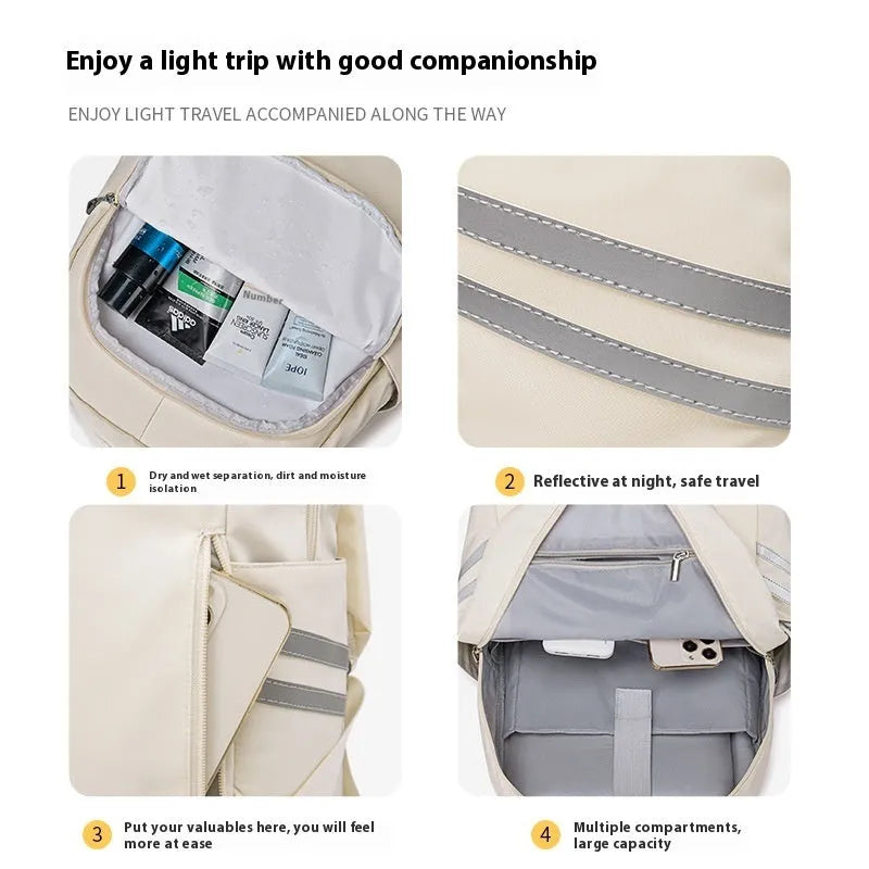 Women's travel backpack with dry-wet separation compartments in beige colour showing curved shoulder straps
