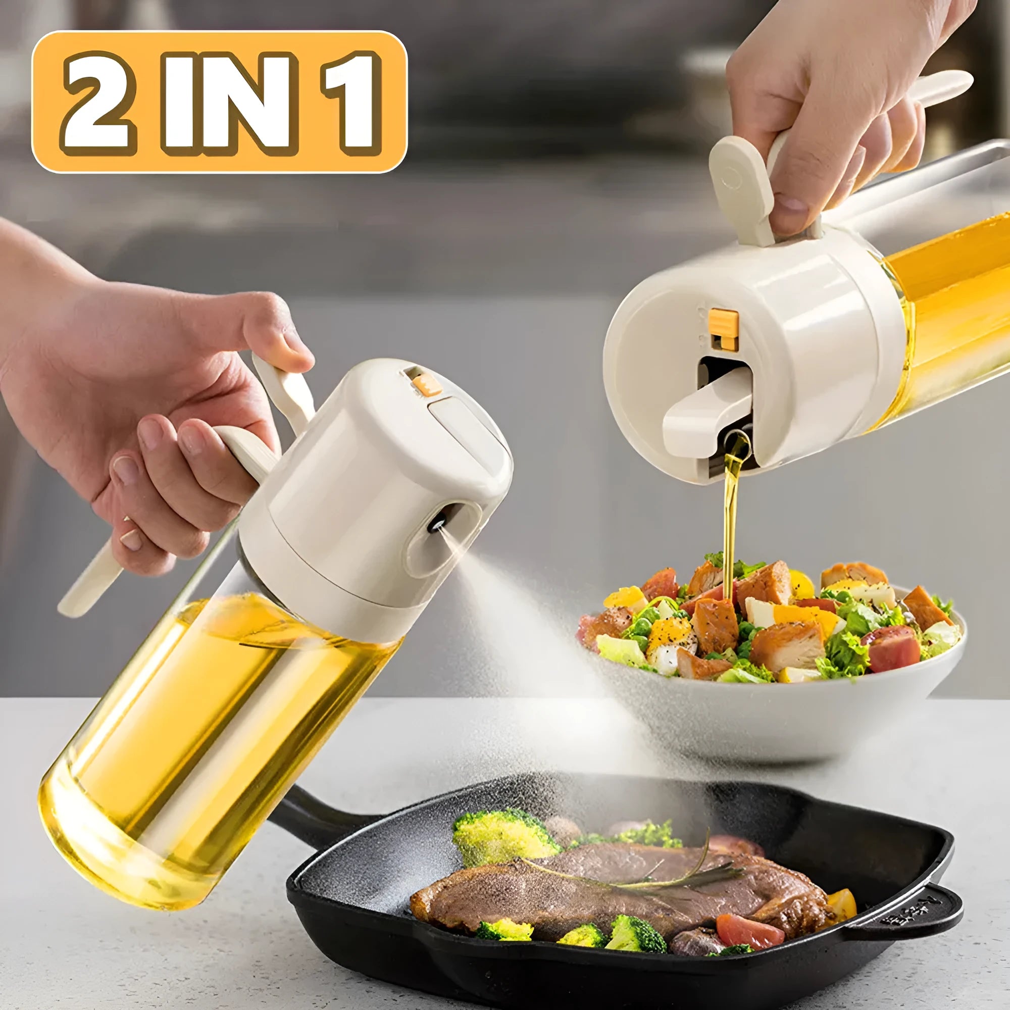 Warm grey glass oil sprayer and pourer bottle with switchable cap and detachable nozzle.