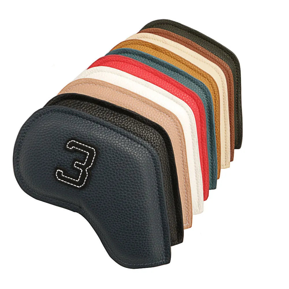 Set of 10 multicolour digitally printed golf club head covers made from PU material.