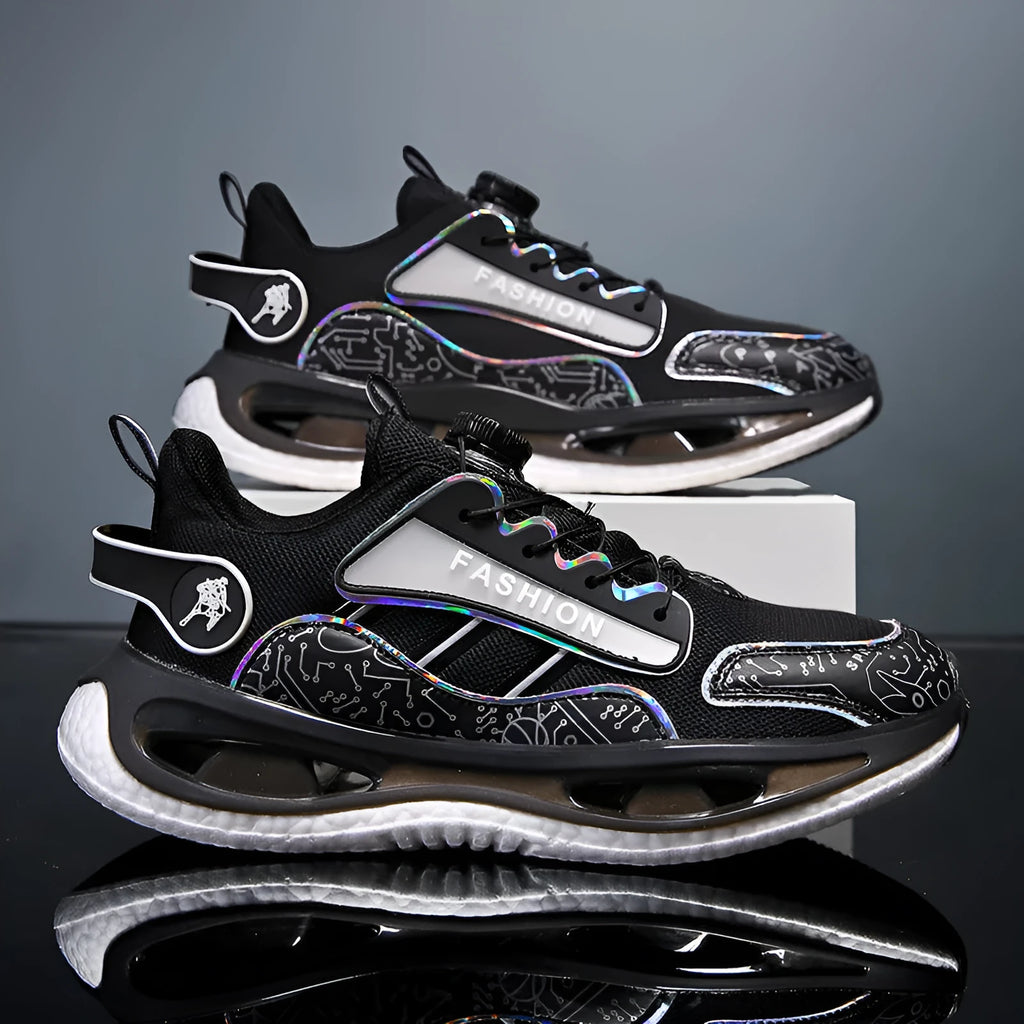 Men's mesh breathable sports shoes in black colour with elastic band closure and popcorn TPU soles