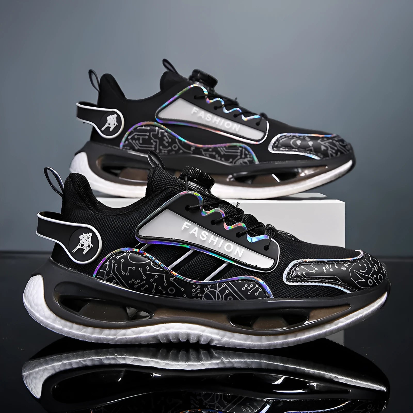 Men's mesh breathable sports shoes in black colour with elastic band closure and popcorn TPU soles
