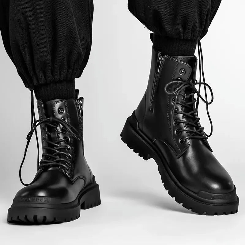 Men's black waterproof leather work boots with rubber sole and mid-top design