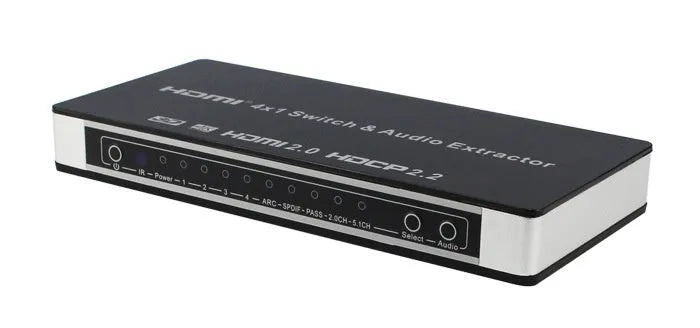 Black HDMI video switch with four input ports, remote control, and 10-metre cable for audio-visual setups