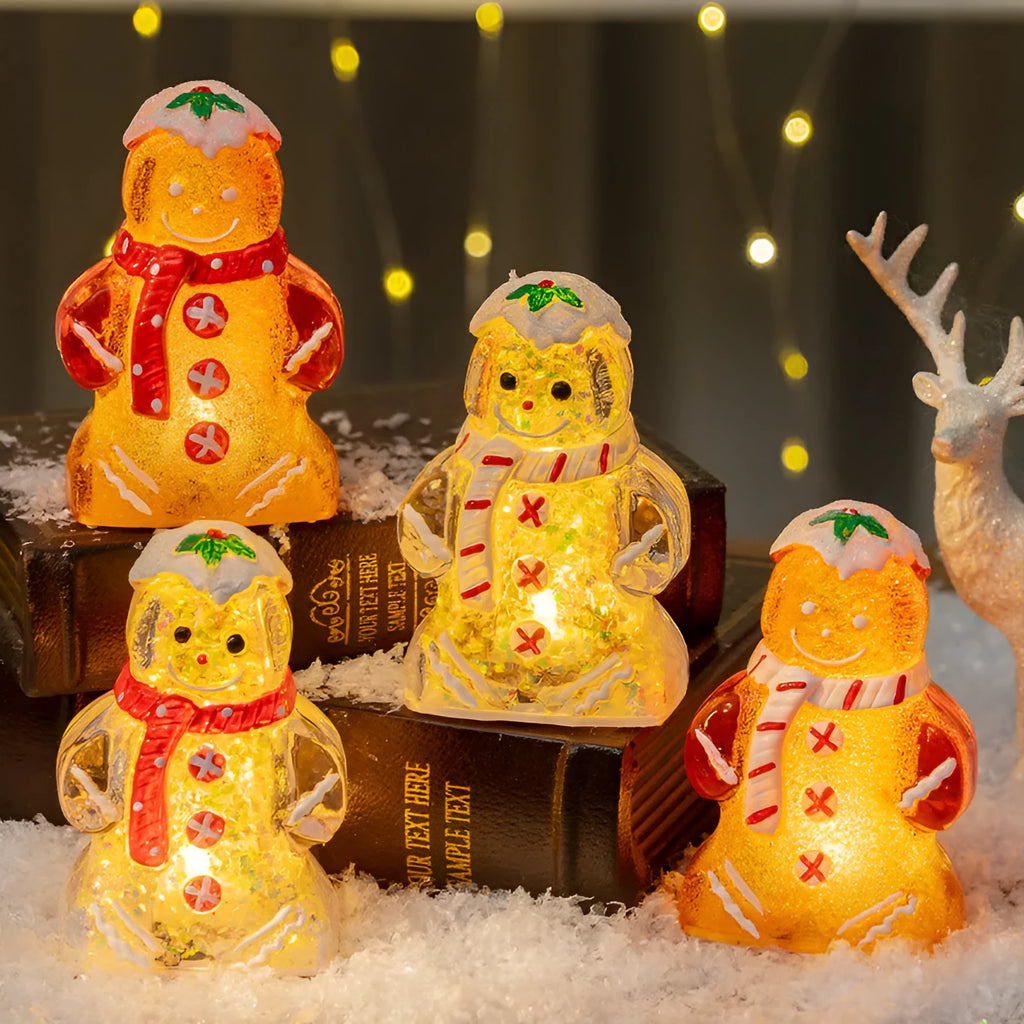 Glowing Christmas gingerbread man snowman ornament with a scarf in red, white, clear, or transparent red.