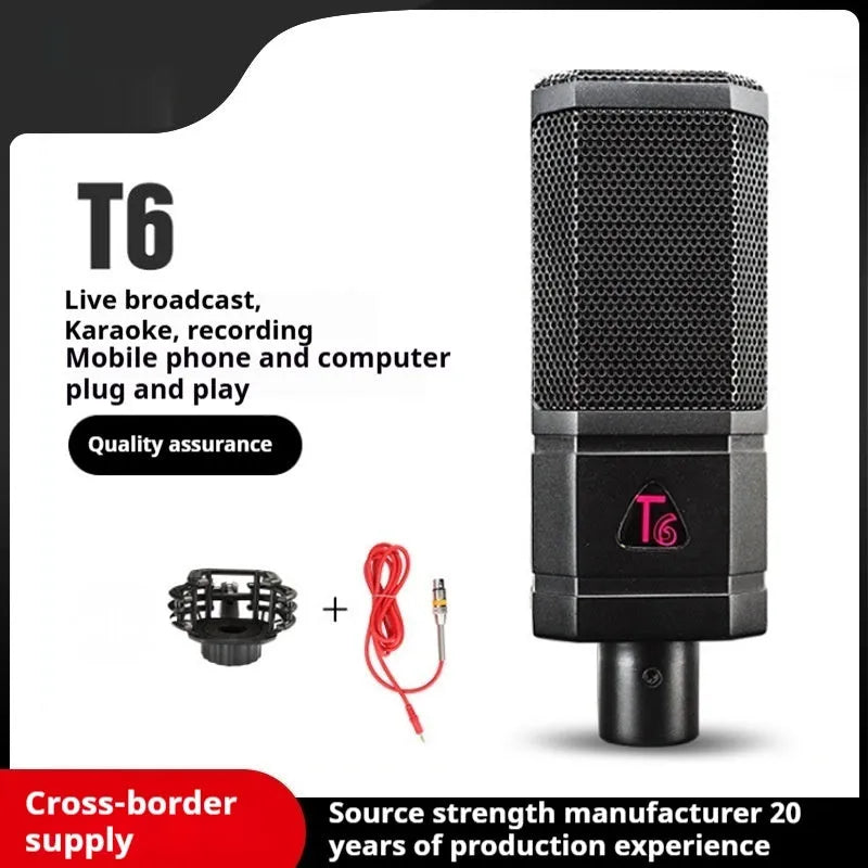 Black condenser wired noise cancelling microphone with shockproof mounting for recording and live streaming