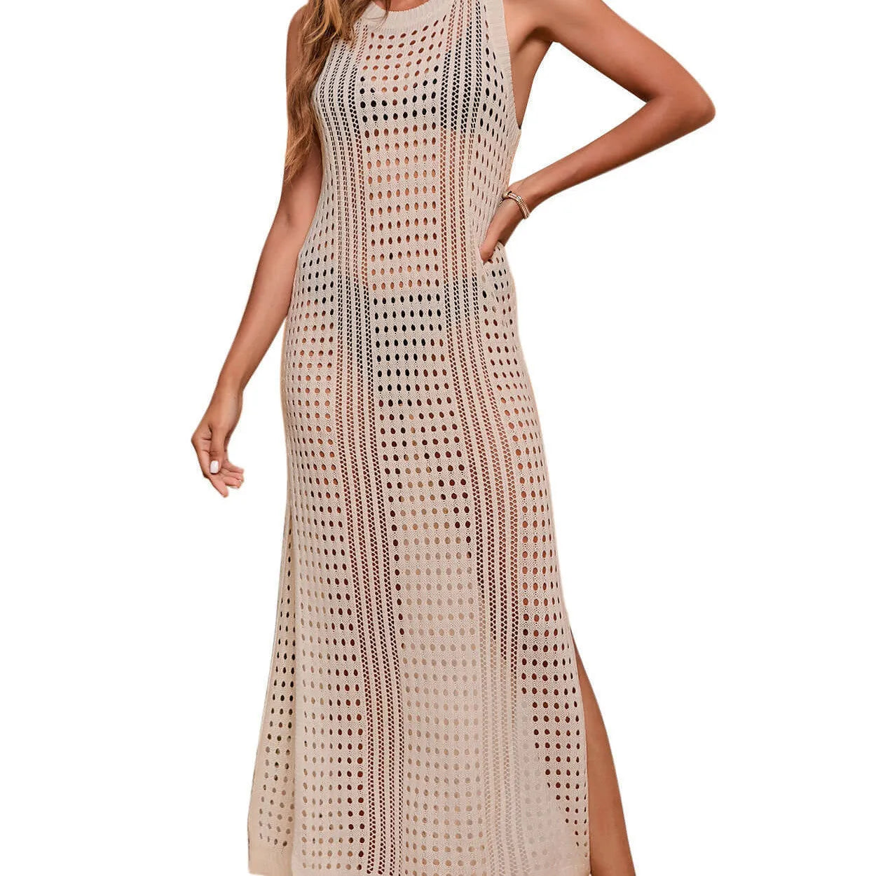 Women's long loose solid colour hollow-out knitted beach blouse with lining.