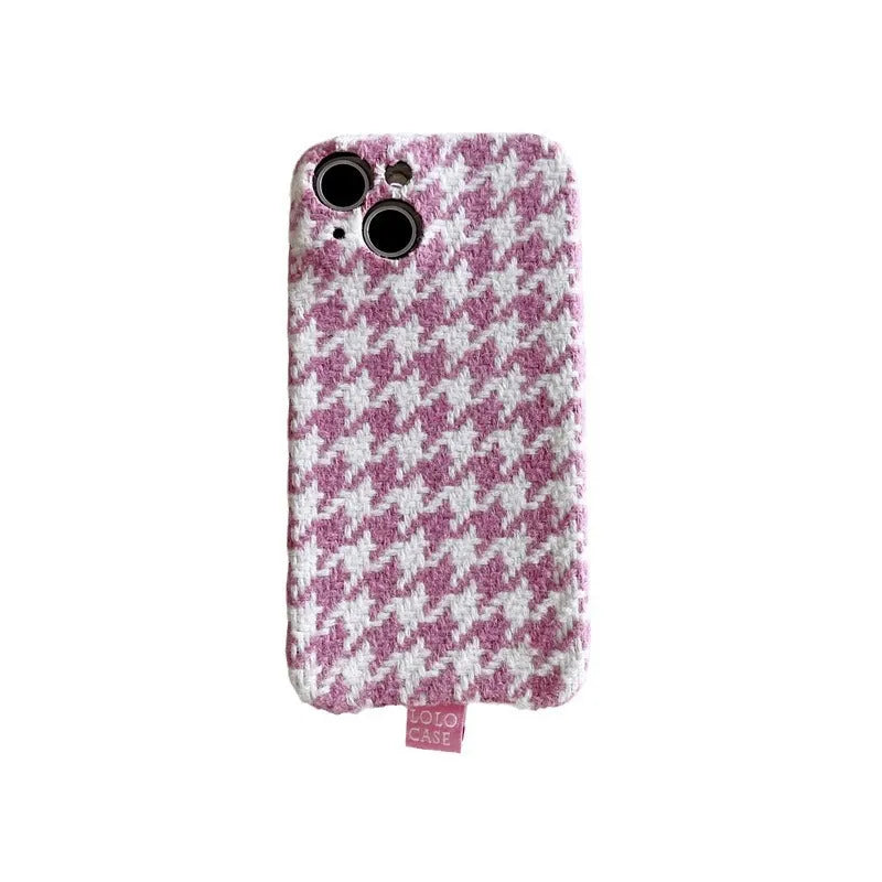 Houndstooth and plaid TPU iPhone case with drop protection, shown in pink and blue purple patterns