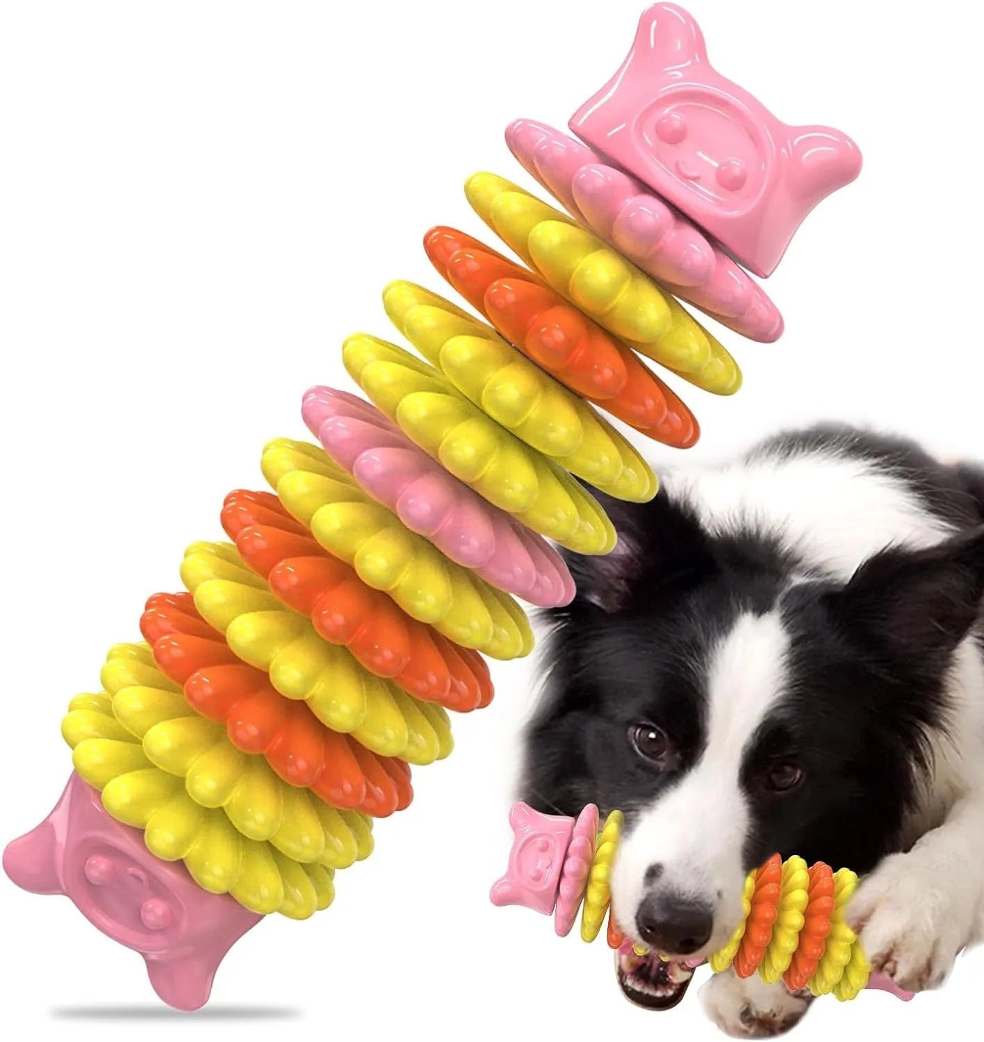 Blue caterpillar-shaped natural rubber dog chew toy for aggressive chewers measuring 17cm long