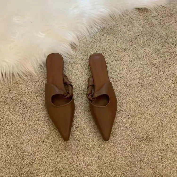 Women's soft leather semi-toe box slippers in black, brown, khaki, and off white colours