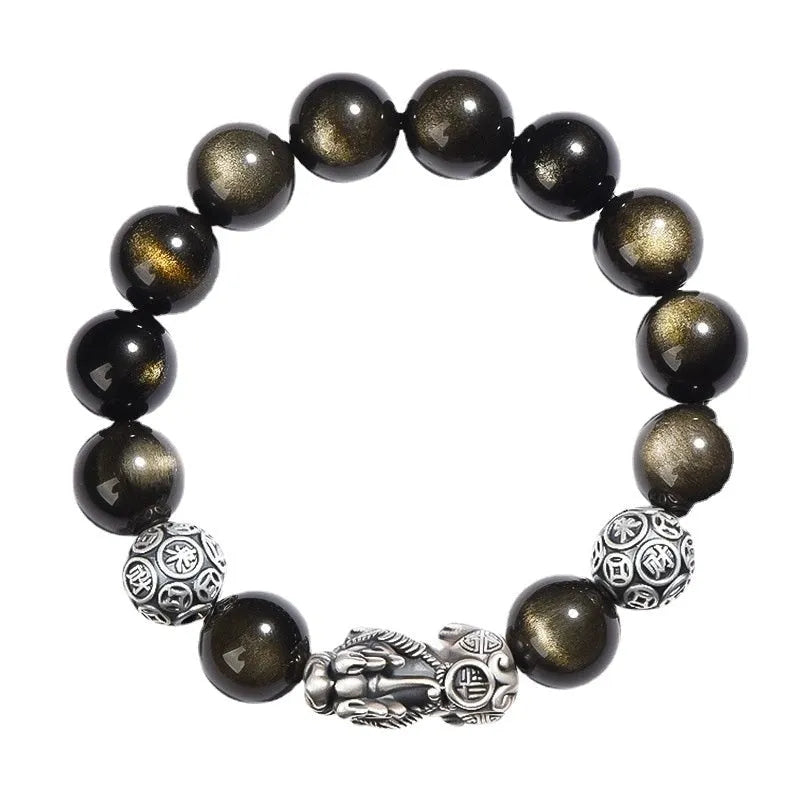 Natural obsidian bracelet in 999 sterling silver with geometric design and leather show finish
