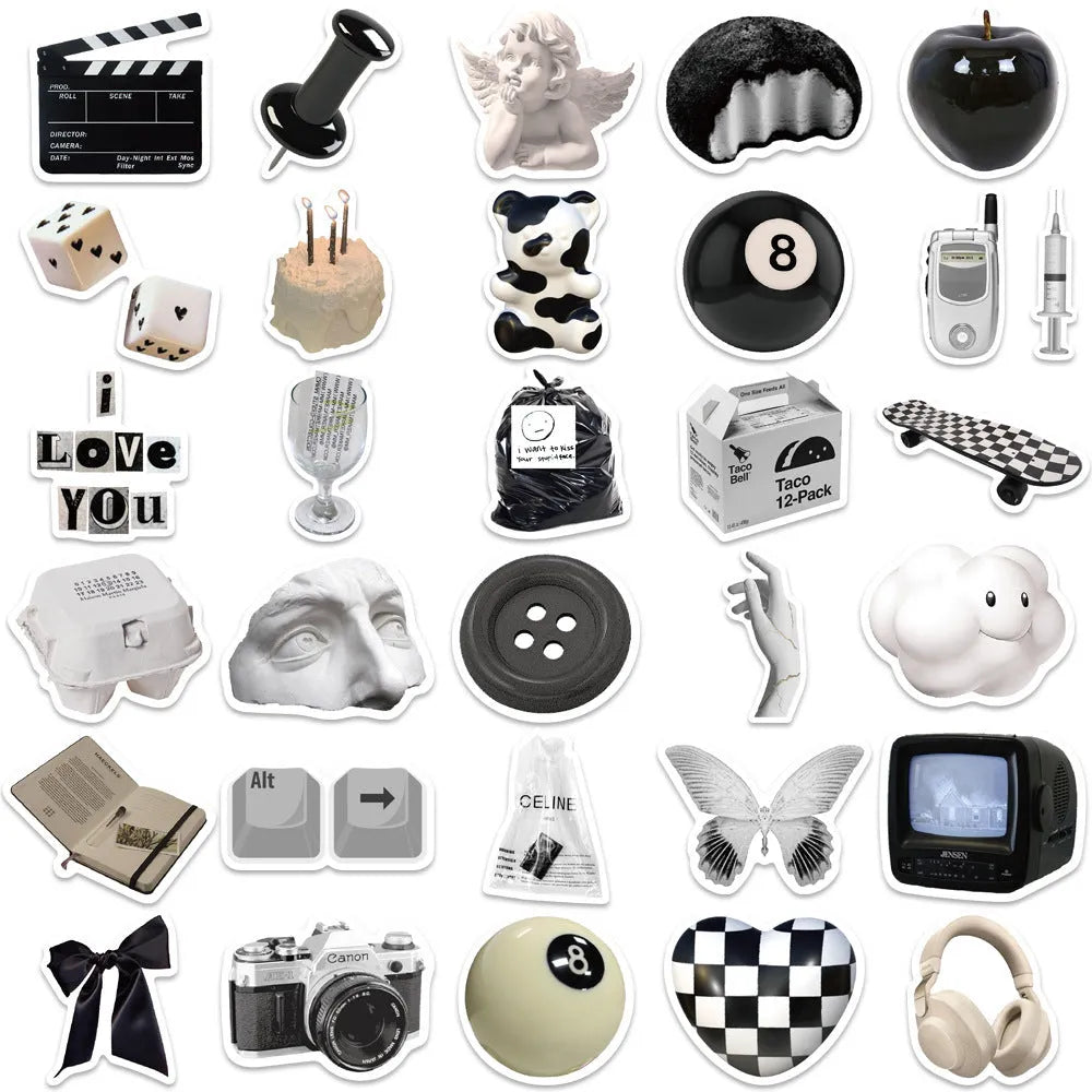 61-piece pack of black and white simple design waterproof PVC stickers for laptops and cups.