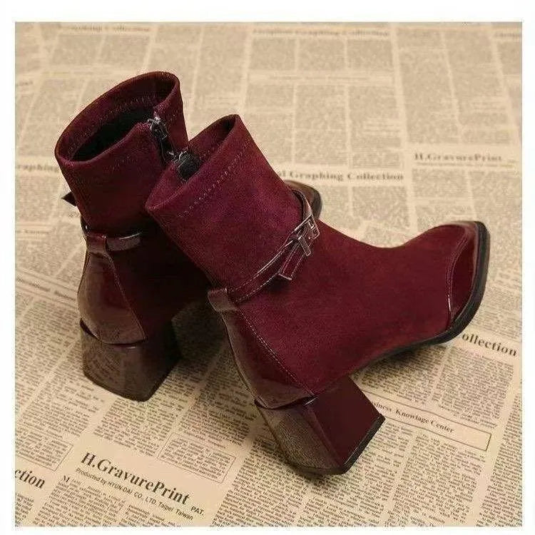 Retro French British style black suede ankle boots with square toe and thick heel