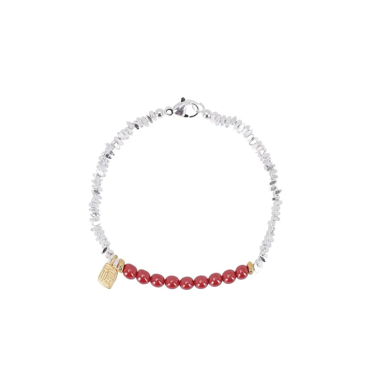 Silver electroplated couple bracelet with geometric round beads on copper, 16 cm length