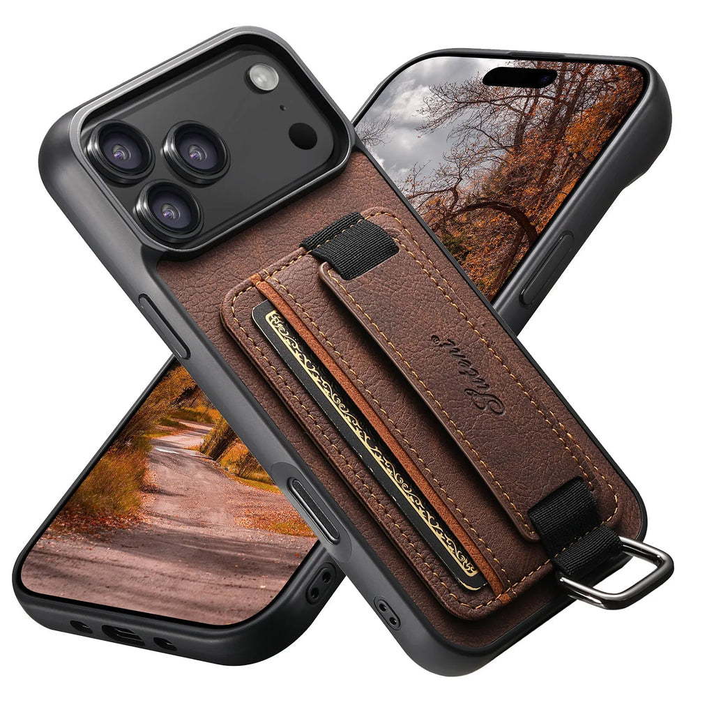 Google Pixel 9 PU leather case with card slot, wrist strap, and kickstand bracket in black