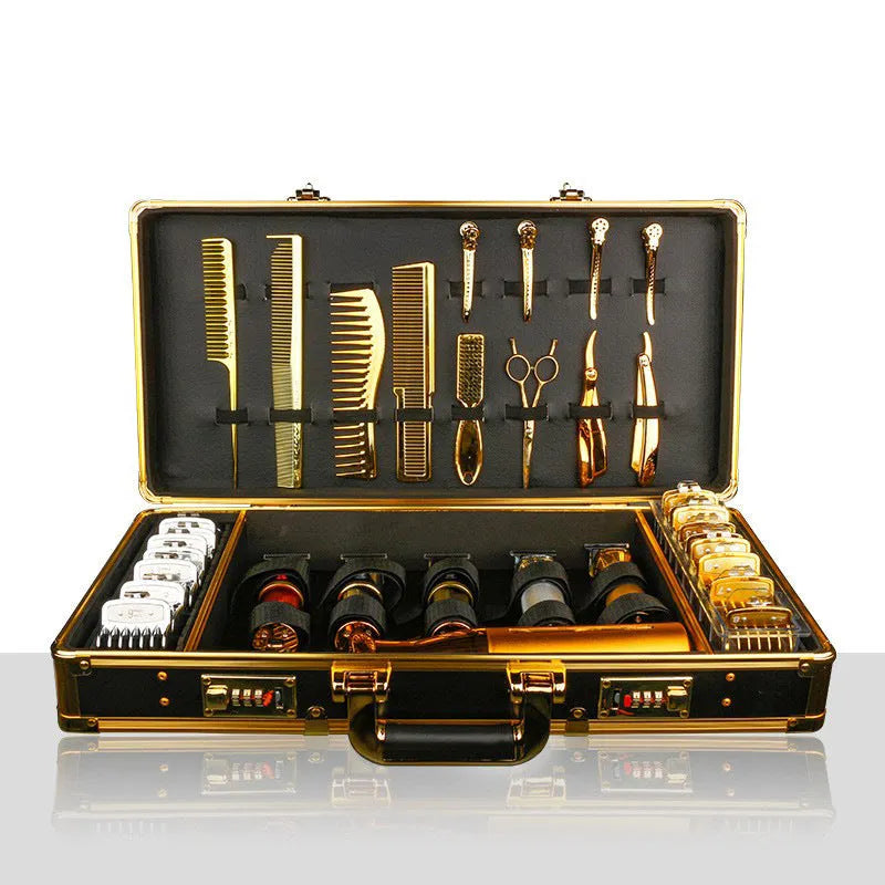 Black hard-shell PVC suitcase for storing hair styling tools like hairdryers and straighteners.