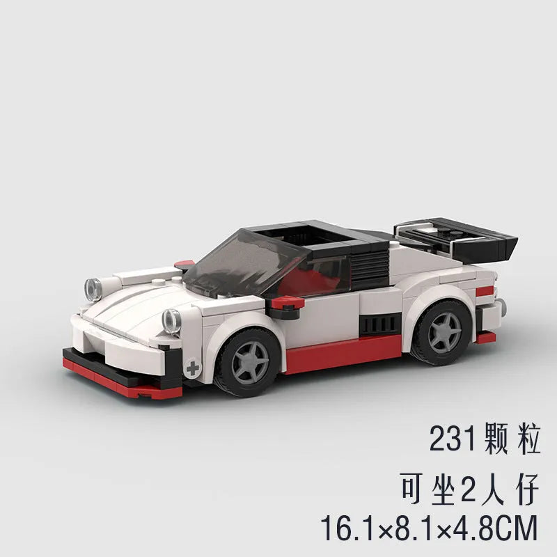 Small particle plastic building blocks model of a cool convertible sports car on a table