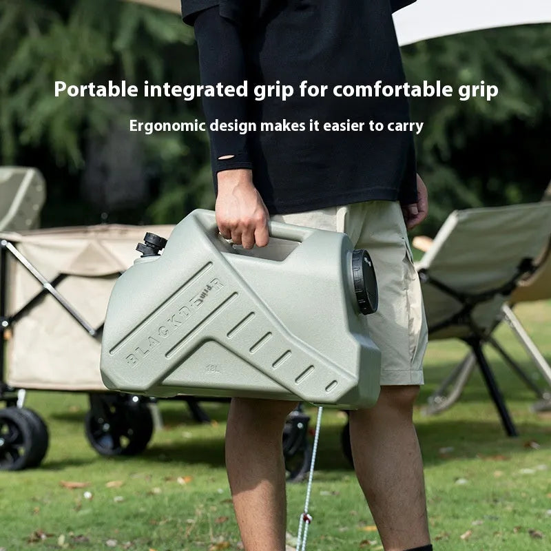 Green collapsible camping water storage tank shown in 13-litre snail and 18-litre backpack styles
