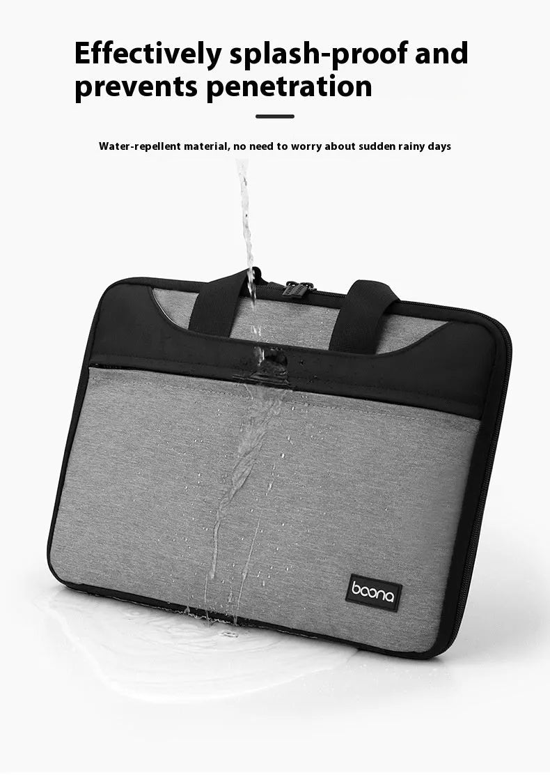 Black waterproof oxford cloth laptop bag for business travel with a soft carry handle, shown open.