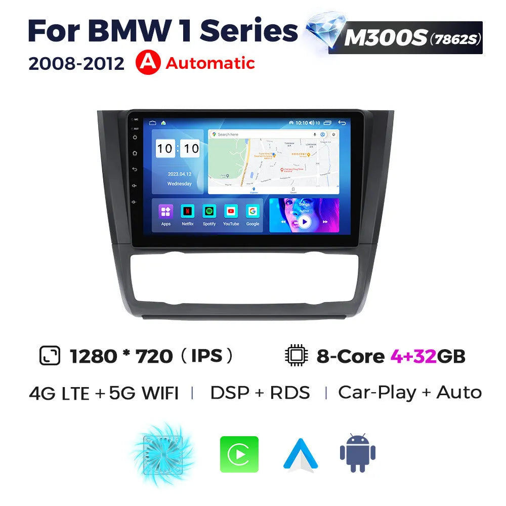 9-inch Android car navigation touchscreen unit for BMW E87 vehicle dashboard.