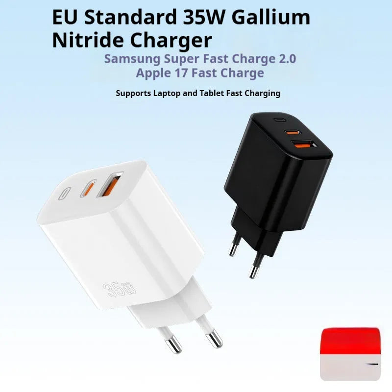 35W European standard multi-port USB charger with two output ports, black colour, compact rectangular design