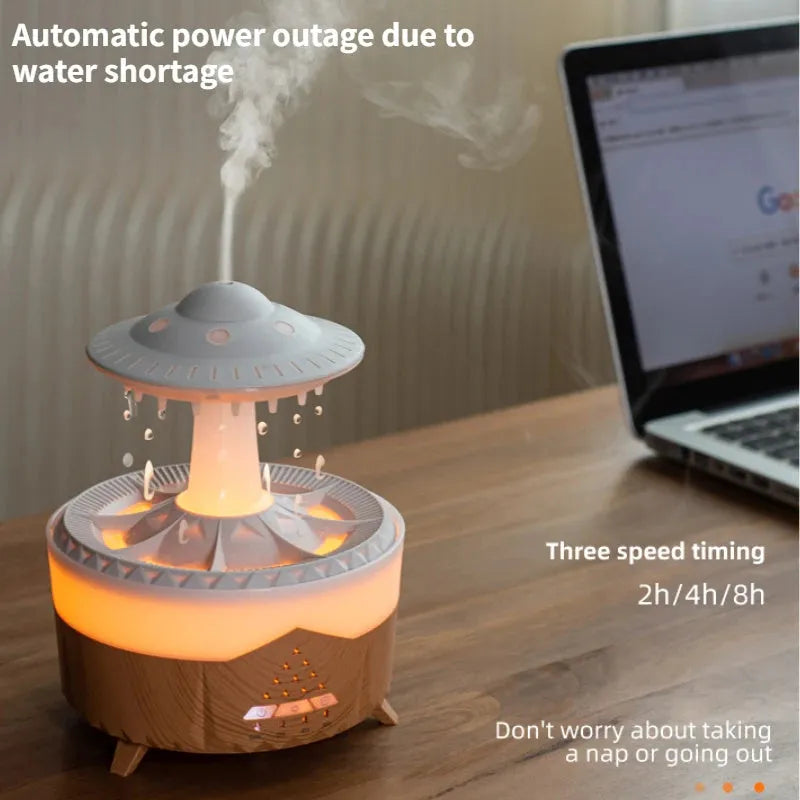 Cloud-shaped UFO raindrop humidifier with water drop sounds and night light