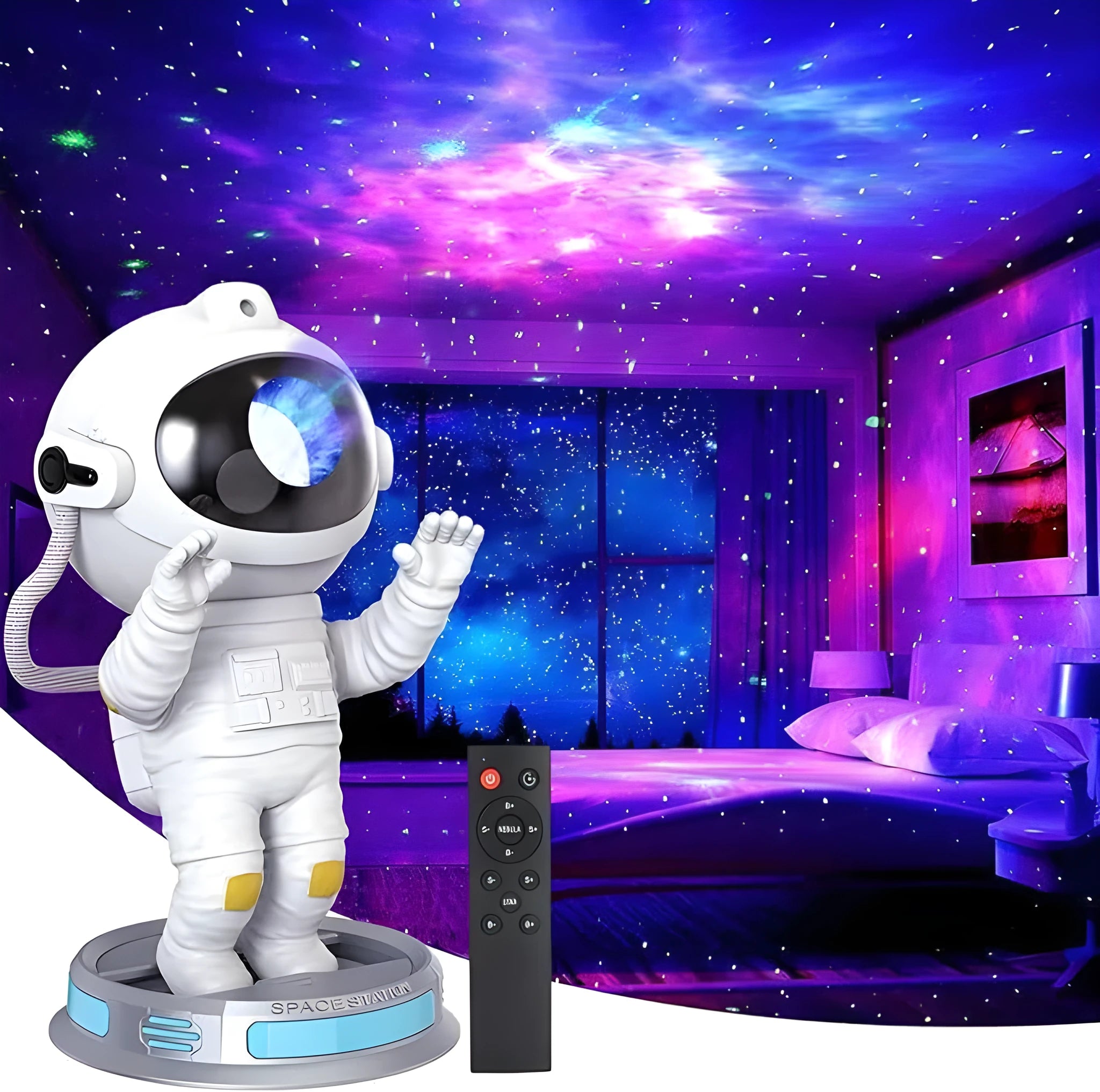 Exit Astronaut Starlight Projection Lamp 22.5cm in white on a surface projecting northern lights onto ceiling