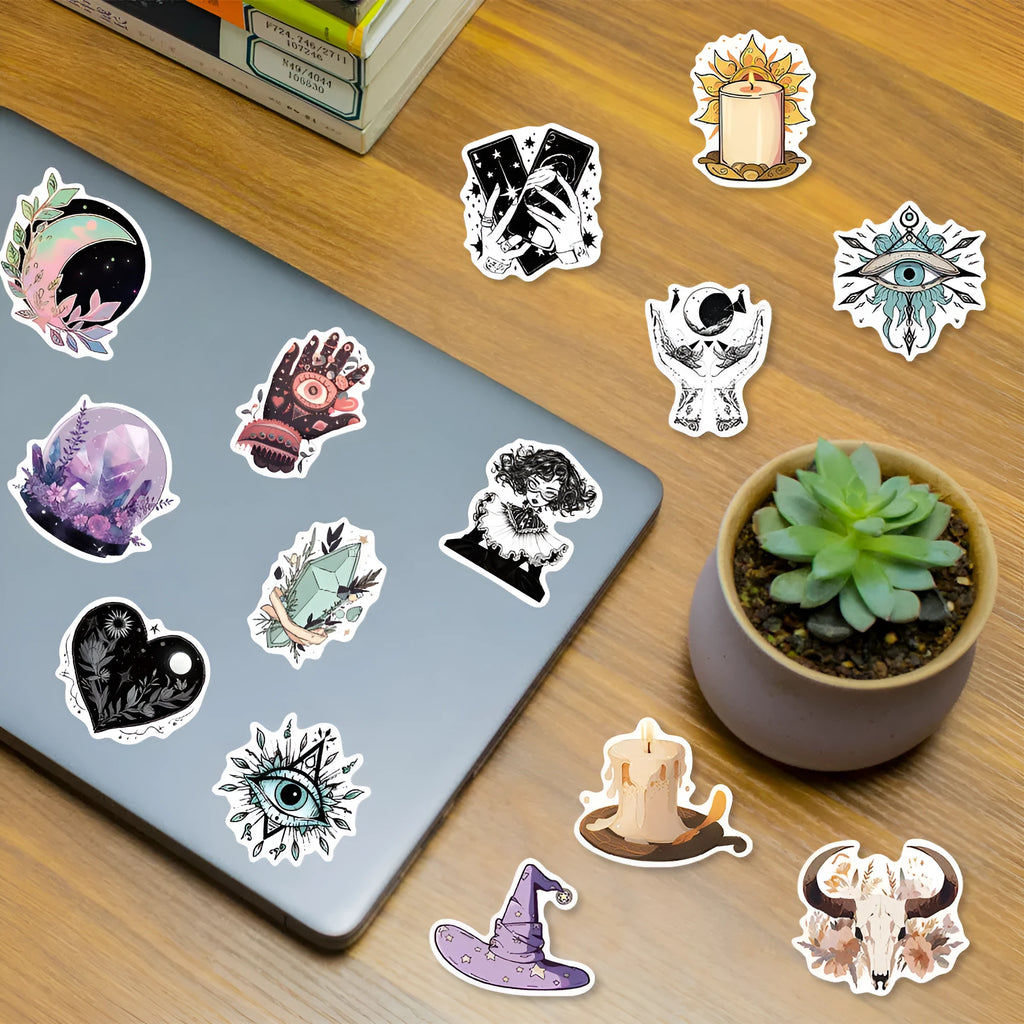Bohemian wizard graffiti stickers 50-pack on PVC matte film showing three retro designs 5-7cm each