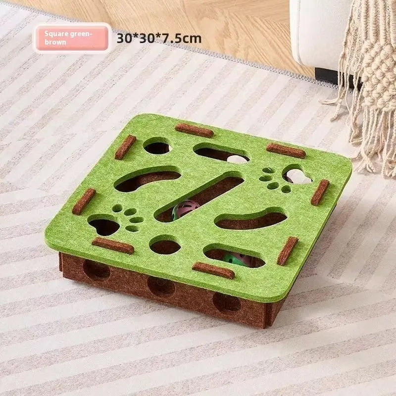 Green brown felt box cat toy with a hole, shown next to a grey and a camel white version, dimensions 30x30x7.5 cm.