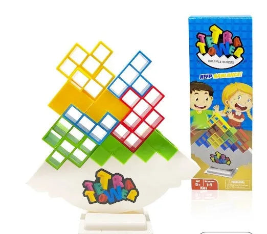 Plastic balance stacking board game with coloured building blocks on chassis for kids and adults