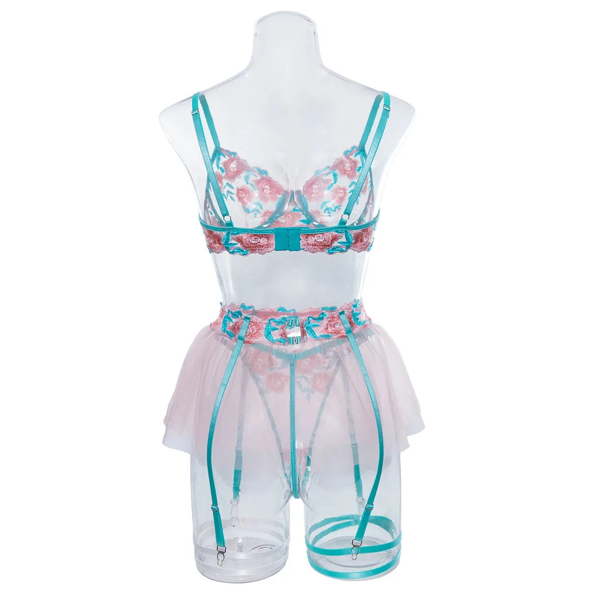 Pink women's mesh pettiskirt suit with embroidery detail and matching bikini set