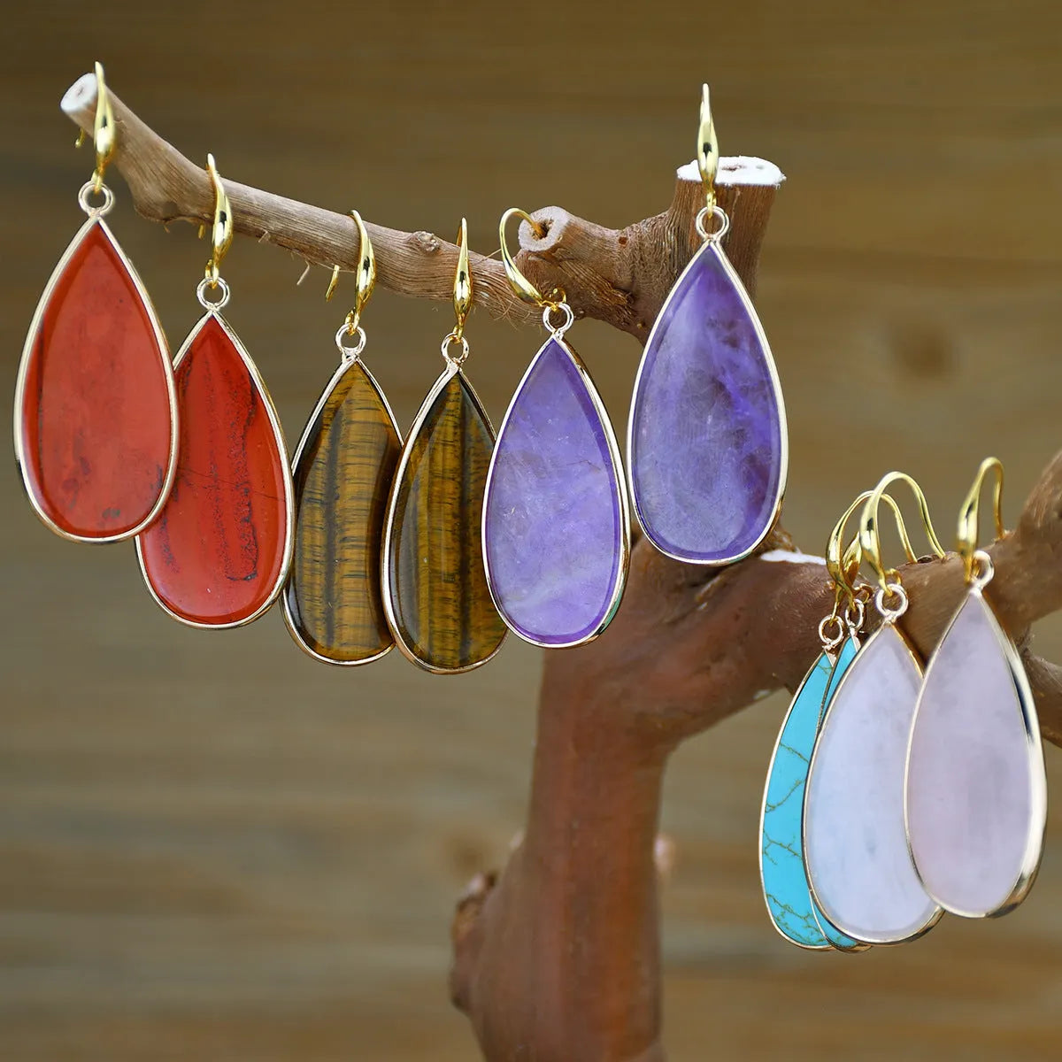 Vintage long water drop earrings with handmade stone construction in tigereye colour