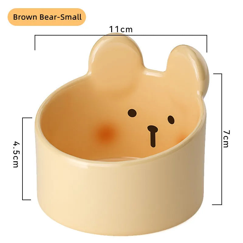 Ceramic pet feeding bowls with neck protection design in white and yellow colours