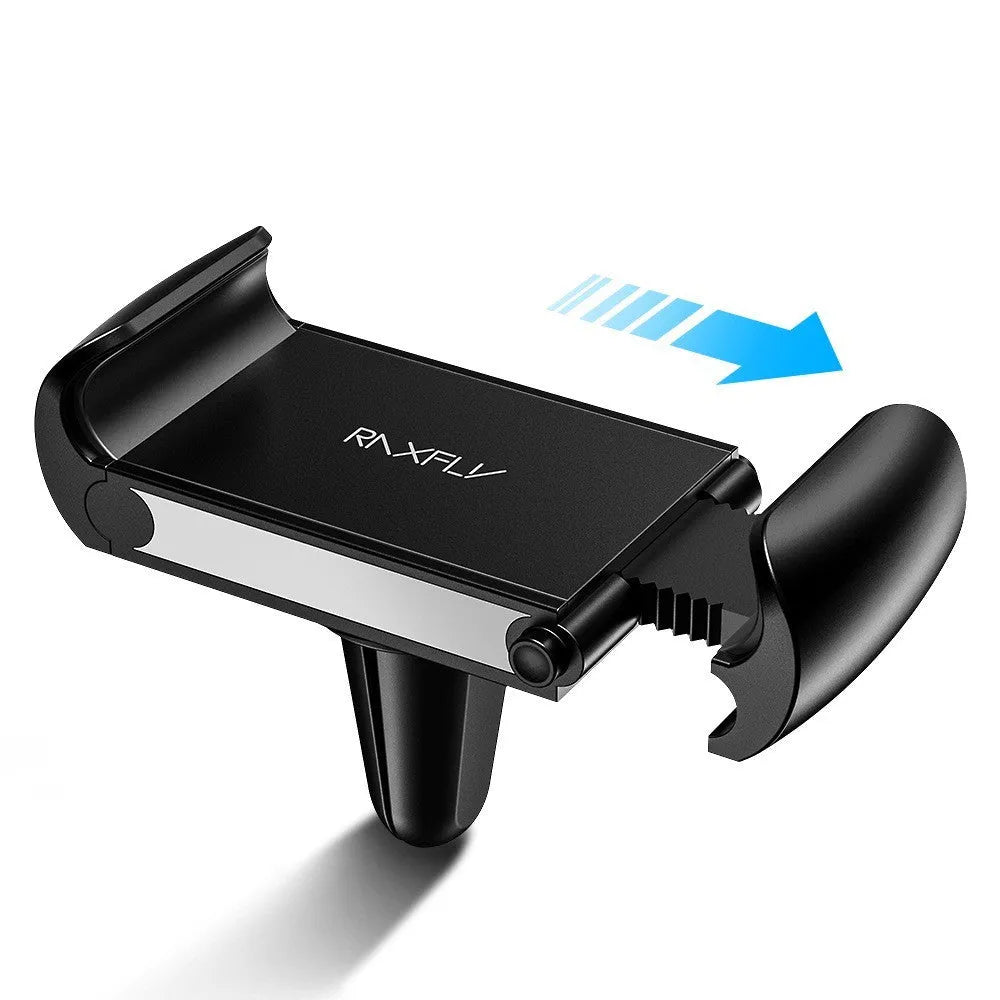 Black universal adjustable car air vent bracket phone holder made from ABS plastic clipped onto a car vent