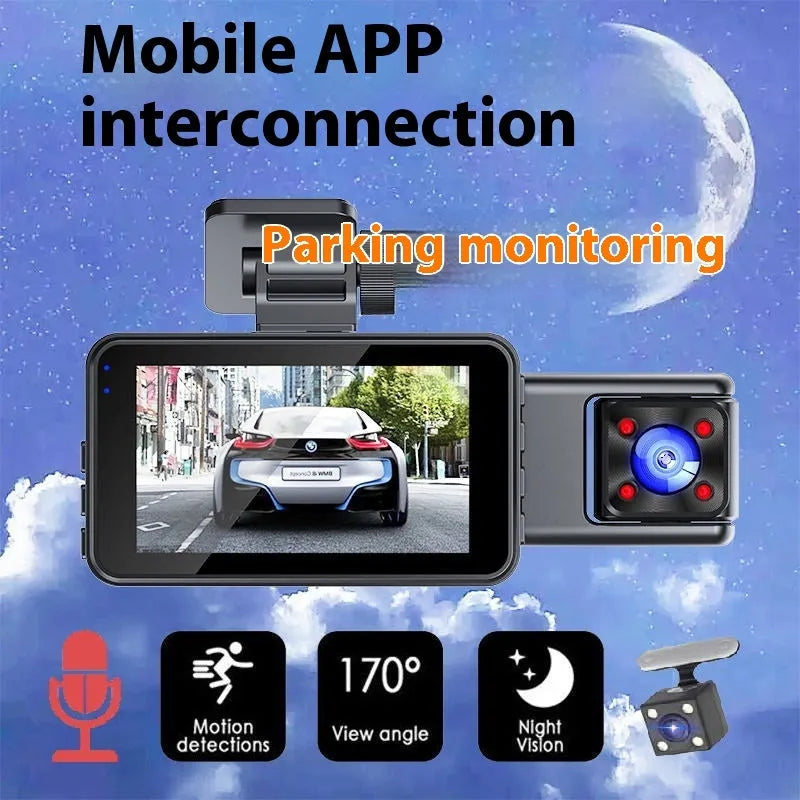 Black three-lens dashboard camera with 3-inch screen for front windshield installation