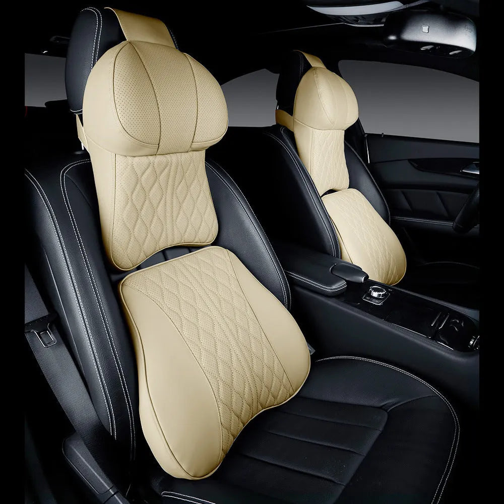 Car neck pillow and lumbar support set with wavy pattern design in multiple colour options