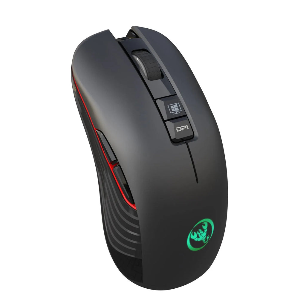Black ergonomic wireless gaming mouse with RGB lighting and seven buttons on desk