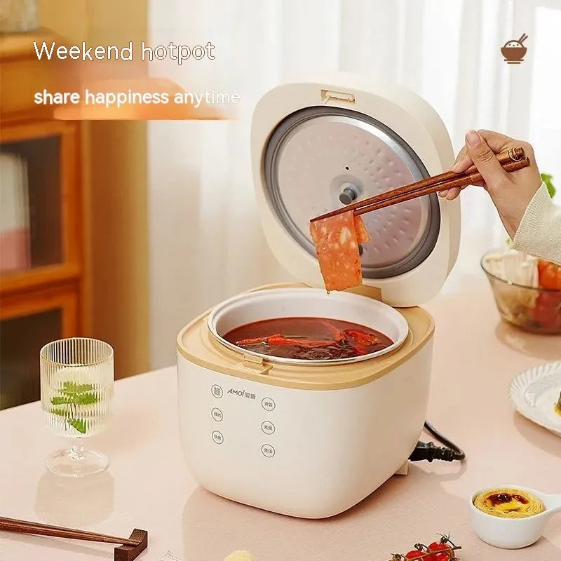 White or beige 3L multi-function rice cooker with black inner pot and included accessories